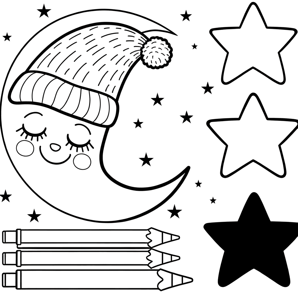 Sleeping Crescent Moon with Nightcap and Stars