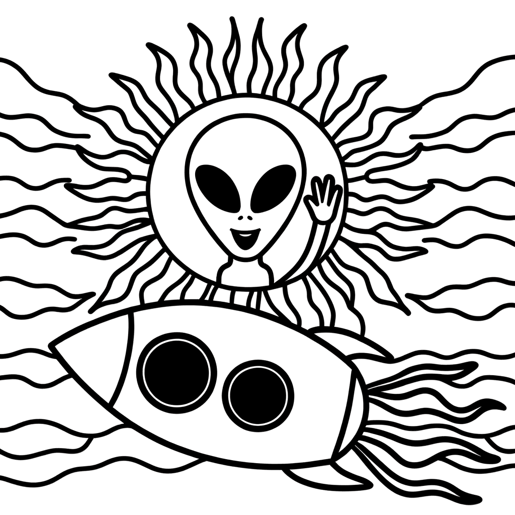 Dibujo para colorear: Cohete con alienígena pasando por el sol