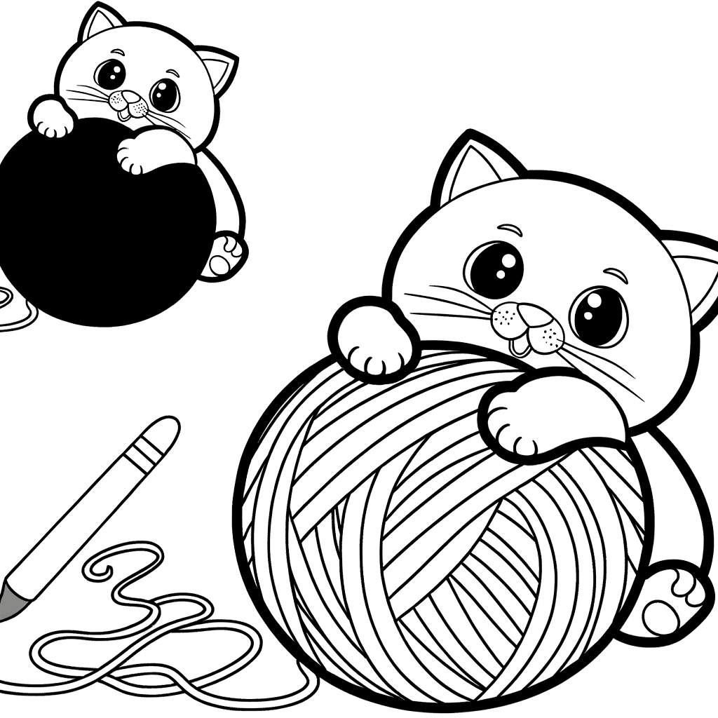 Coloring Page: Cute Baby Kitten with Ball of Wool