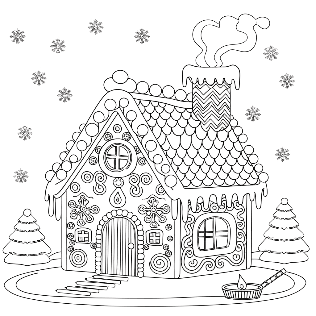 Peperkoekhuisje in winterlandschap kleurplaat