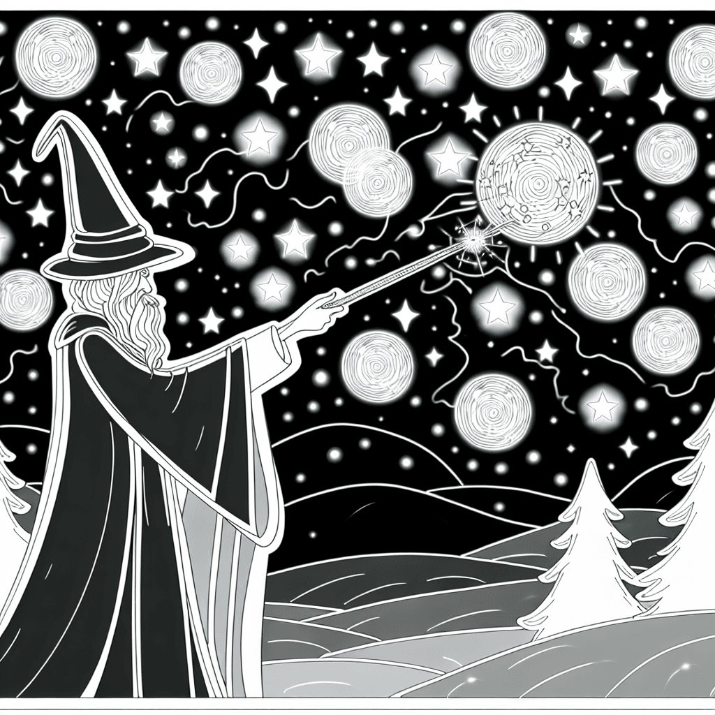 Zauberer bei Nacht mit Sternenhimmel